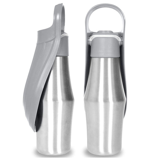 Grey 27oz Food-Grade 304 Stainless Steel Pet Water Bottle - Portable Dog and Cat Travel Cup, Outdoor Feeder for Walks and Hikes - Macaw And Friends