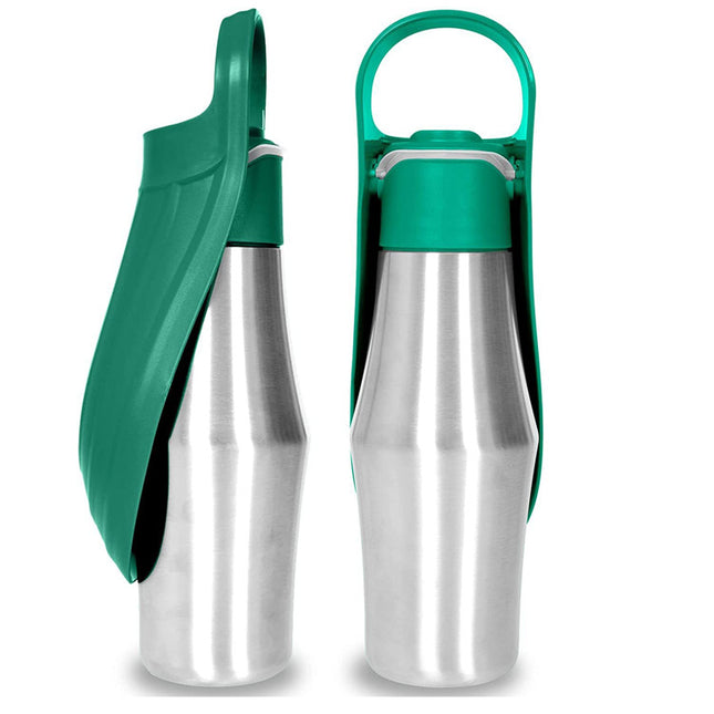 Dark green 27oz stainless steel pet water bottle by Macaw And Friends, portable for dogs and cats during walks and outdoor hikes.