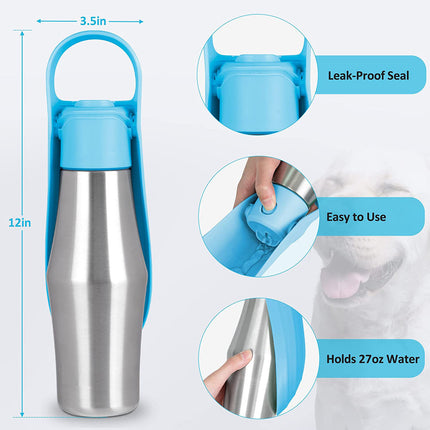 Dark green 27oz stainless steel pet water bottle by Macaw And Friends, portable for dogs and cats during outdoor walks and hikes.