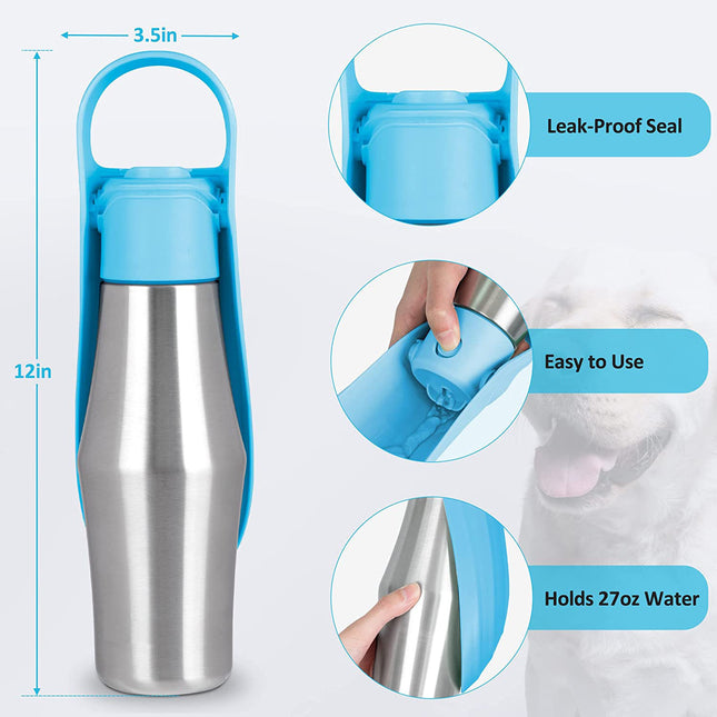 Dark green 27oz stainless steel pet water bottle by Macaw And Friends, portable for dogs and cats during outdoor walks and hikes.