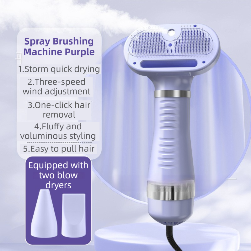 Purple 6-in-1 Pet Grooming Hair Dryer with Noise-Reduction - Lightweight Handheld Blow Dryer & Mist Slicker Brush - 3-Speed Temperature Control, One-Click Deshedding & Painless Massage - Macaw And Friends