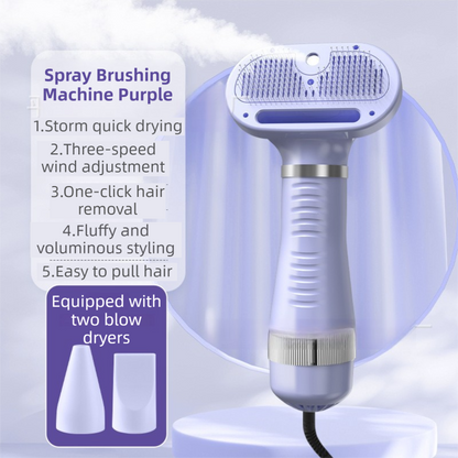Purple 6-in-1 Pet Grooming Hair Dryer with Noise-Reduction - Lightweight Handheld Blow Dryer & Mist Slicker Brush - 3-Speed Temperature Control, One-Click Deshedding & Painless Massage - Macaw And Friends