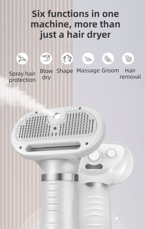 Purple 6-in-1 Pet Grooming Hair Dryer with Noise-Reduction - Lightweight Handheld Blow Dryer & Mist Slicker Brush - 3-Speed Temperature Control, One-Click Deshedding & Painless Massage - Macaw And Friends