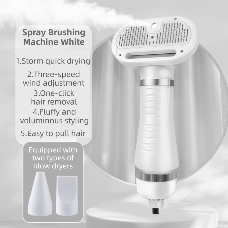 White 6-in-1 Pet Grooming Hair Dryer with Noise-Reduction - Lightweight Handheld Blow Dryer & Mist Slicker Brush - 3-Speed Temperature Control, One-Click Deshedding & Painless Massage - Macaw And Friends
