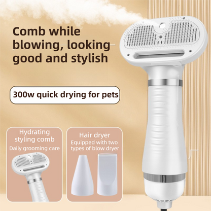 White 6-in-1 Pet Grooming Hair Dryer with Noise-Reduction - Lightweight Handheld Blow Dryer & Mist Slicker Brush - 3-Speed Temperature Control, One-Click Deshedding & Painless Massage - Macaw And Friends