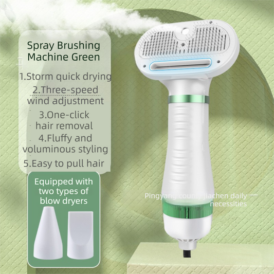 Green 6-in-1 Pet Grooming Hair Dryer with Noise-Reduction - Lightweight Handheld Blow Dryer & Mist Slicker Brush - 3-Speed Temperature Control, One-Click Deshedding & Painless Massage - Macaw And Friends
