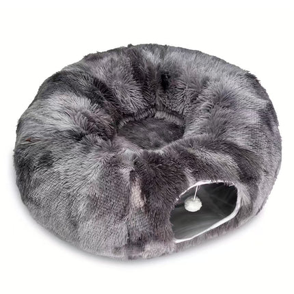 Dark grey tie-dye donut-shaped cat tunnel bed by Macaw And Friends, spacious 85cm pet play tunnel and lounger for cats and kittens.