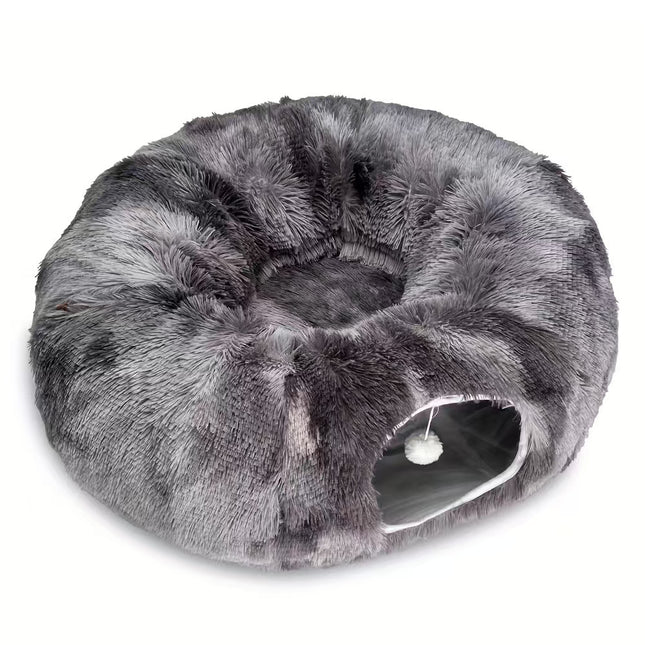 Dark grey tie-dye donut-shaped cat tunnel bed by Macaw And Friends, spacious 85cm pet play tunnel and lounger for cats and kittens.