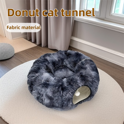 Dark grey donut-shaped cat tunnel bed by Macaw and Friends, 85cm play lounger and cozy hideout for cats and kittens.