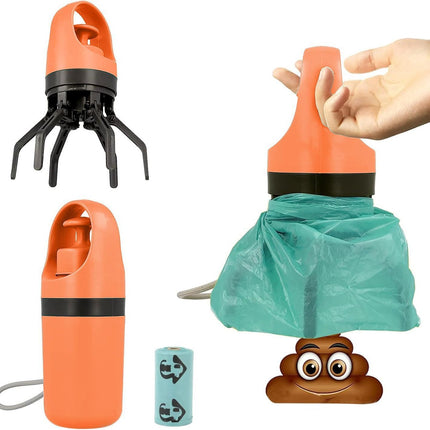 Orange foldable pet pooper scooper with waste bag dispenser, durable plastic, one-handed operation, for outdoor dog waste cleanup.