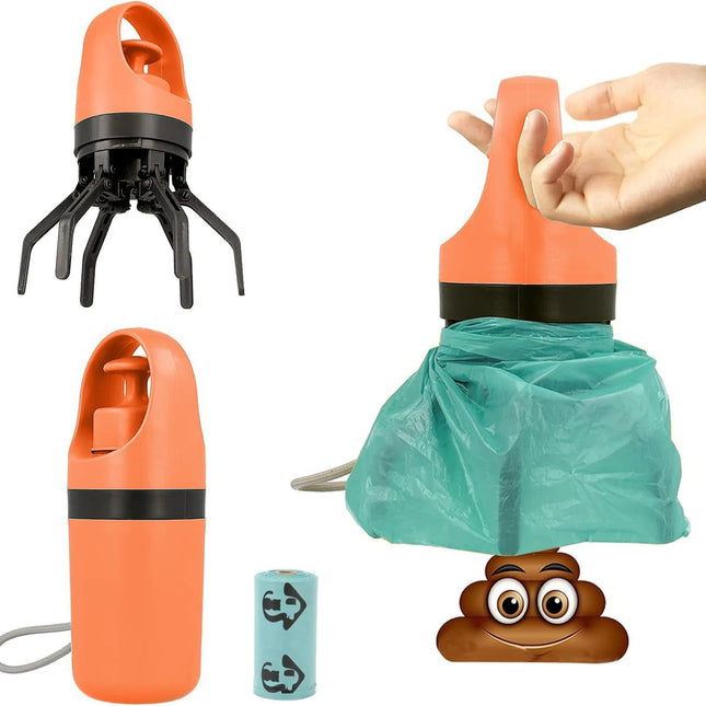 Orange foldable pet pooper scooper with waste bag dispenser, durable plastic, one-handed operation, for outdoor dog waste cleanup.