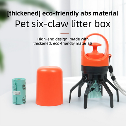Orange foldable pet pooper scooper by Macaw And Friends with waste bag dispenser, for easy outdoor pet waste cleanup.
