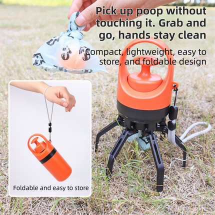 Orange foldable pet pooper scooper by Macaw And Friends with waste bag dispenser, one-handed operation for outdoor pet waste cleanup.