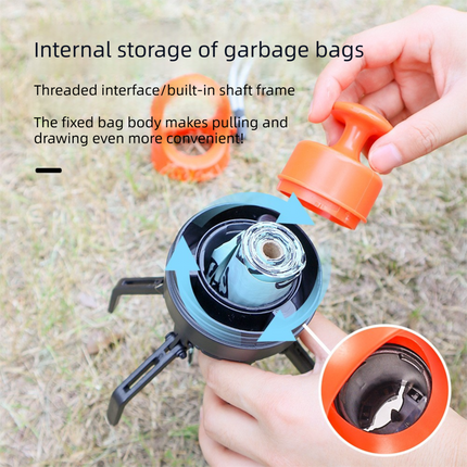 Orange foldable pet pooper scooper with waste bag dispenser and roll, durable one-handed operation for outdoor pet cleanup by Macaw And Friends.