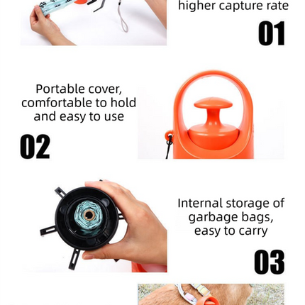 Orange foldable pet pooper scooper by Macaw And Friends with waste bag dispenser, one-handed operation for outdoor pet cleanup.