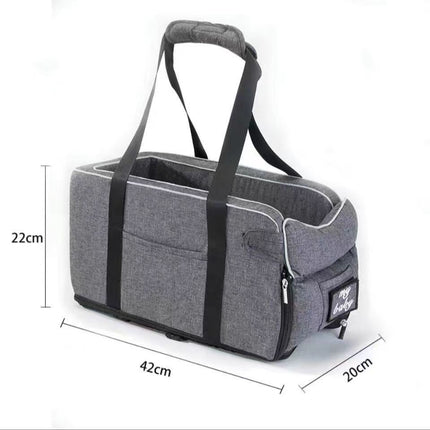 Macaw and Friends thickened pet car seat with removable cooling mat for dogs and cats, featuring handle and cozy interior.