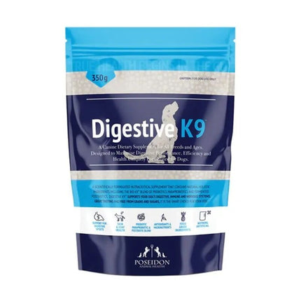 Digestive K9 supplement by Macaw And Friends in a 350g jar, featuring natural ingredients for canine digestive health.
