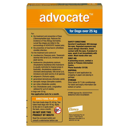 Advocate Flea and Wormer Spot-on for dogs over 25kg, 6-pack, showing the front and back of the packaging.