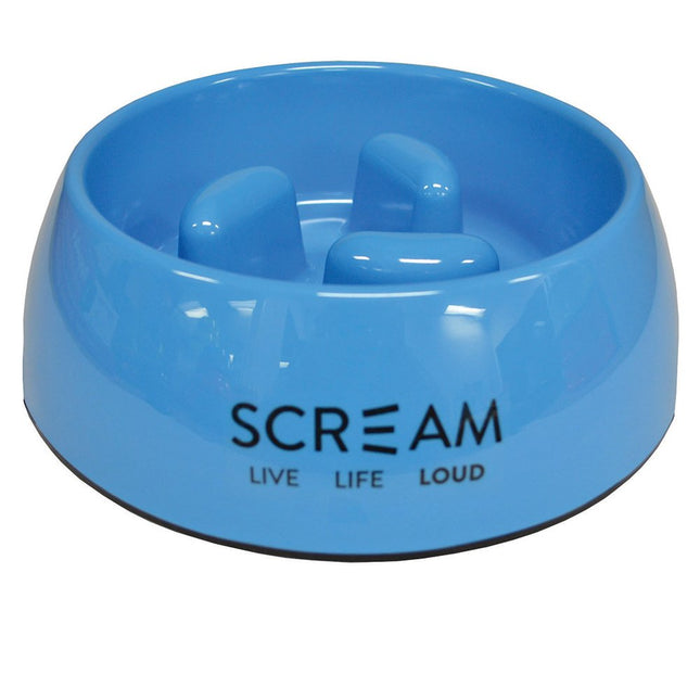 Blue Scream Round Slow Down Pillar Bowl by Macaw and Friends, pet dog feeder with a loud design, for slow eating.