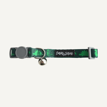 Colorful Dan & Sam dinosaur land cat collar by Macaw And Friends, featuring playful dinosaur land design for feline accessories.