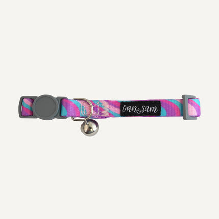 Colorful Dan & Sam Disco Party cat collar with shiny disco ball design, made for stylish cats by Macaw And Friends.