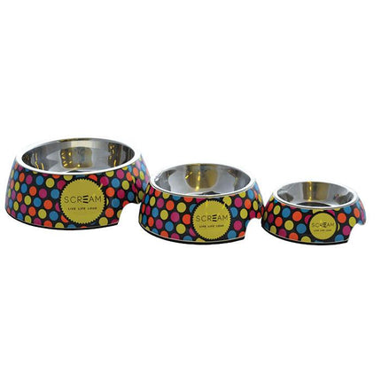 Round Scream pet bowl by Macaw and Friends, made for dogs, with a colorful, durable design for feeding and water.