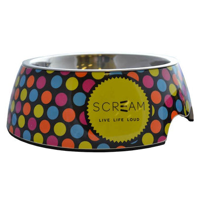 Round pet bowl featuring a scream design, ideal for dogs, by Macaw And Friends.