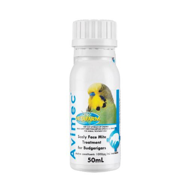 Vetafarm Avimec 50ml bottle for bird cage care, used to treat respiratory issues in pet birds, by Macaw And Friends.
